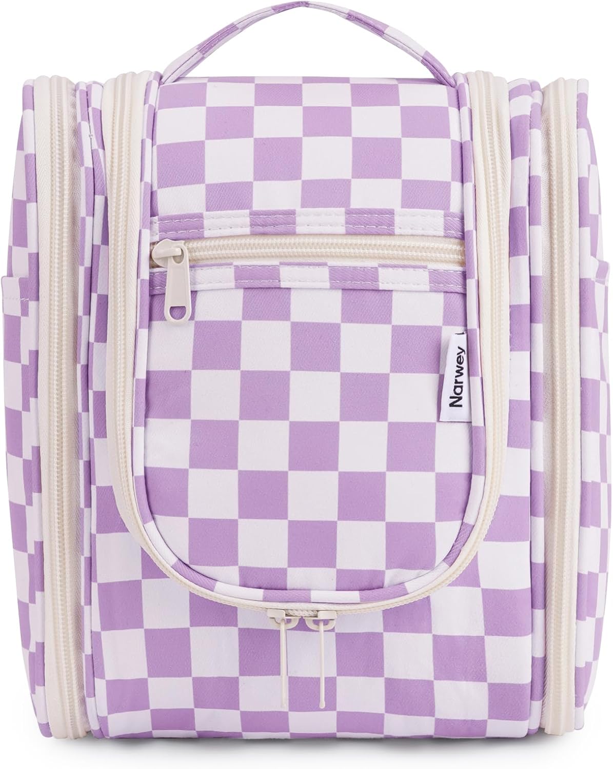 Narwey Small Checkered Hanging Travel Toiletry Bag for Women, Travel Bag for Toiletries, Makeup Bag Organizer Cosmetic Bags Make Up Bags for Women (Purple Checkerboard)