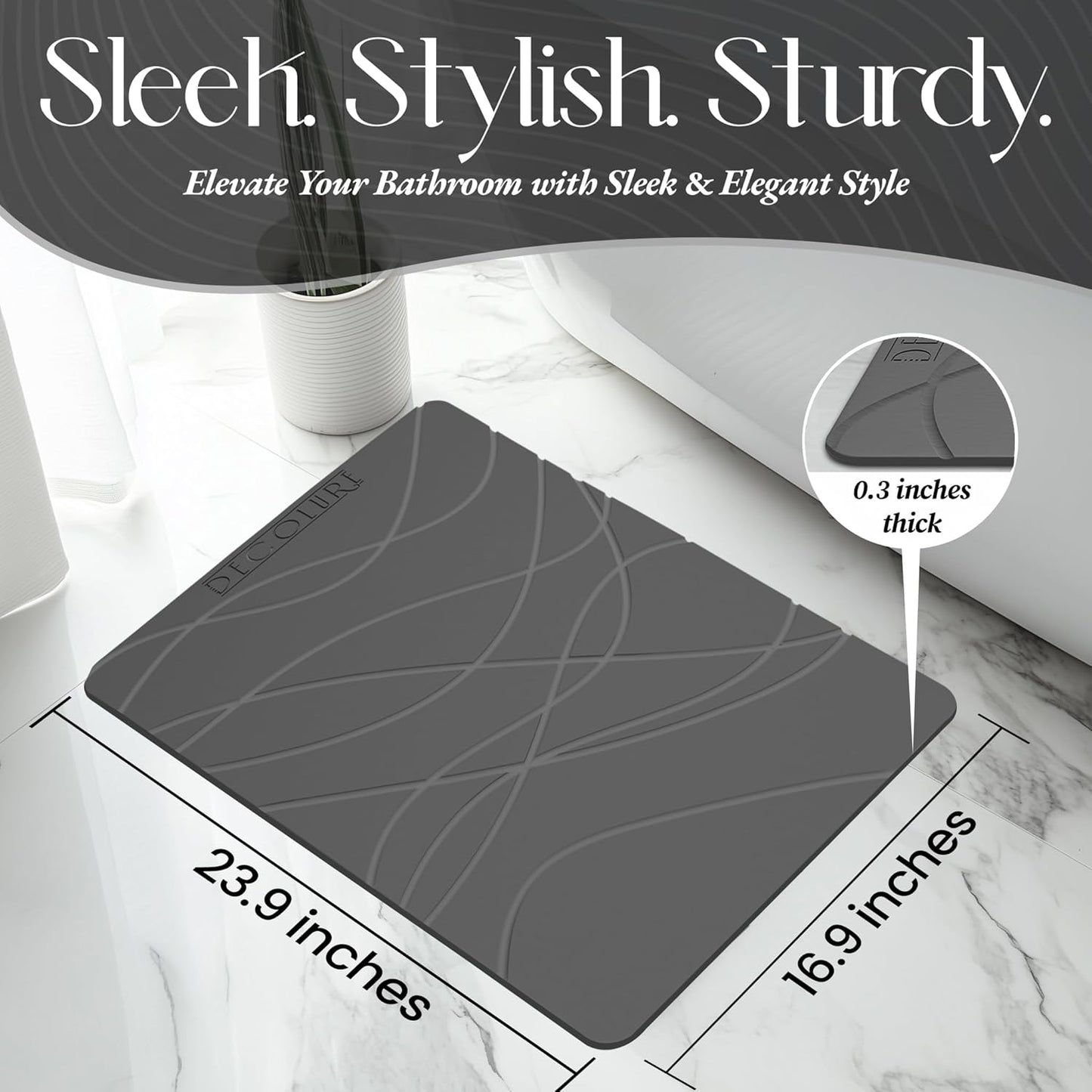 DECOLURE Stone Bath Mat, Quick Dry & Non-Slip Diatomaceous Earth Shower Mat for Bathroom, Luxurious & Easy to Clean Diatomite Stone Mat for Bathroom, Kitchen, High Density (Standard, Grey)