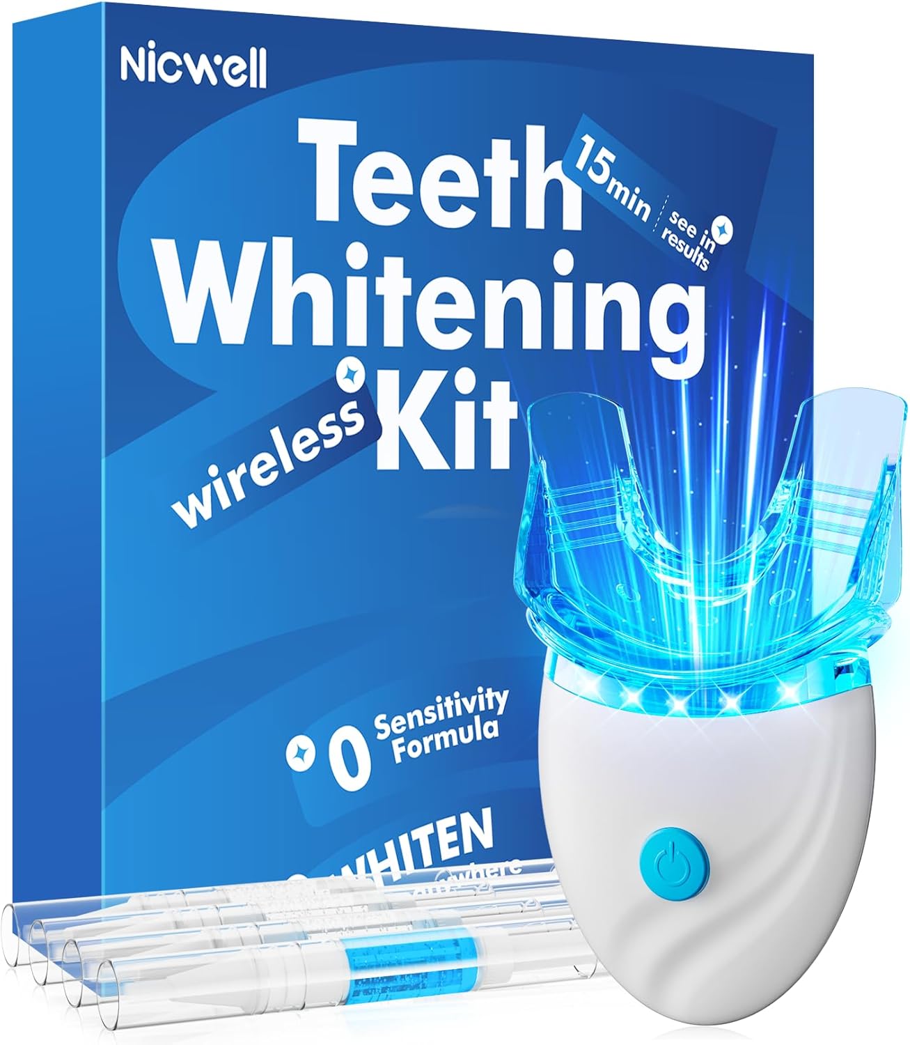 Teeth Whitening Kit for Sensitive Teeth: Nicwell LED Light +35% Carbamide Peroxide Whitening Gel & 1 Desensitizing Pen - Dental Grade Results - Overnight Daily-use Aged 25-35 with Travel Case