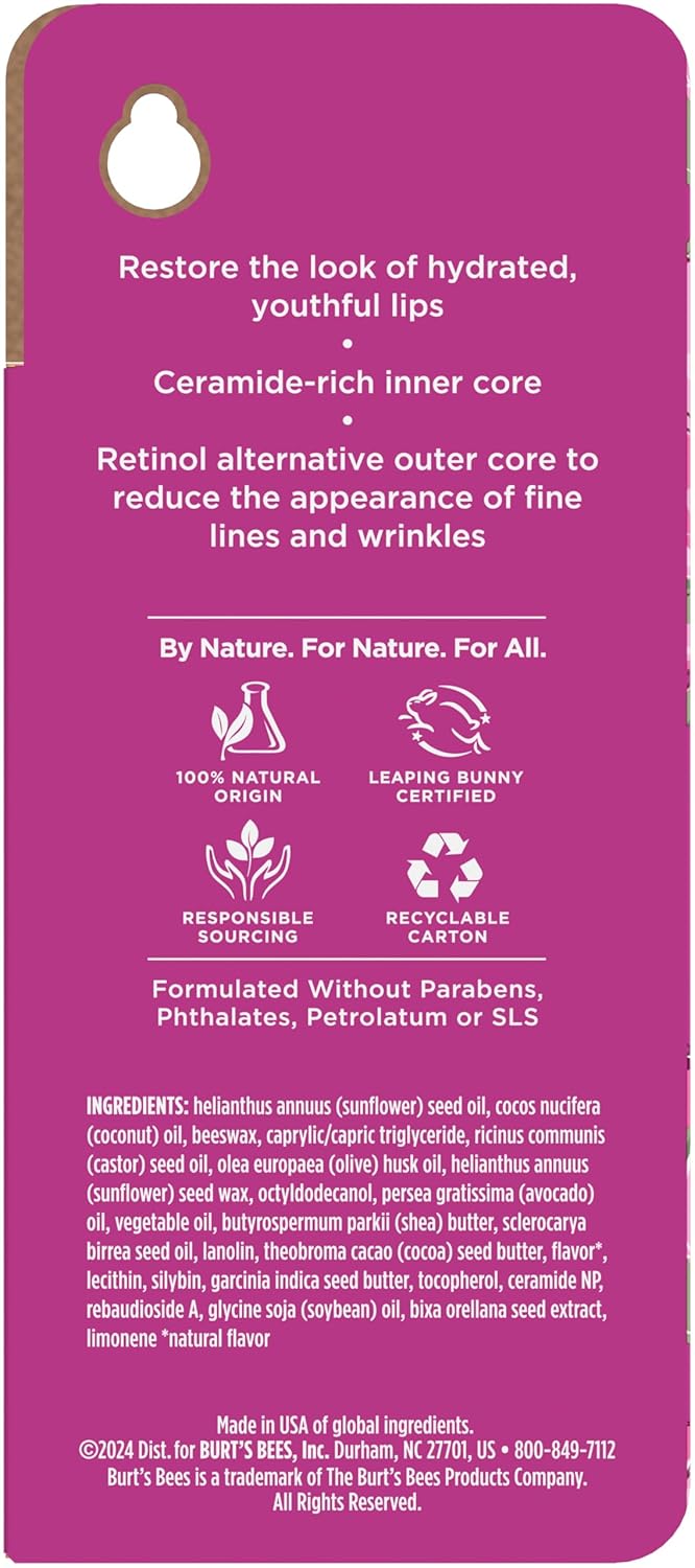 Burt’s Bees Renewing Lip Treatment, With Naturally Derived Retinol Alternative and Ceramides, Lip Treatment With Responsibly Sourced Beeswax, Tint-Free, Anti-Aging, 0.16 oz.