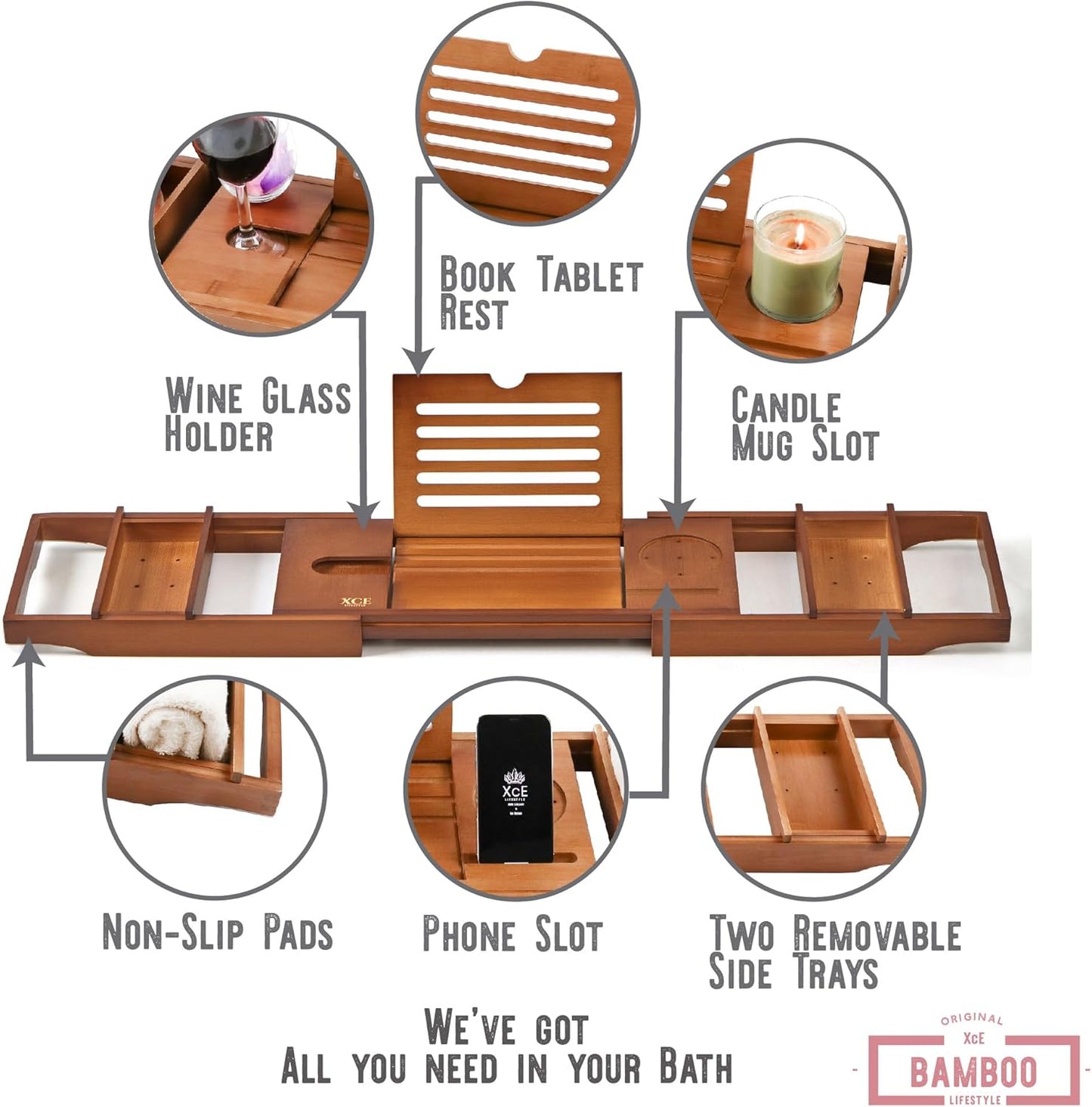 XcE Bathtub Caddy Tray Expandable to 105cm with Bamboo Book Stand and Soap Tray, Brown
