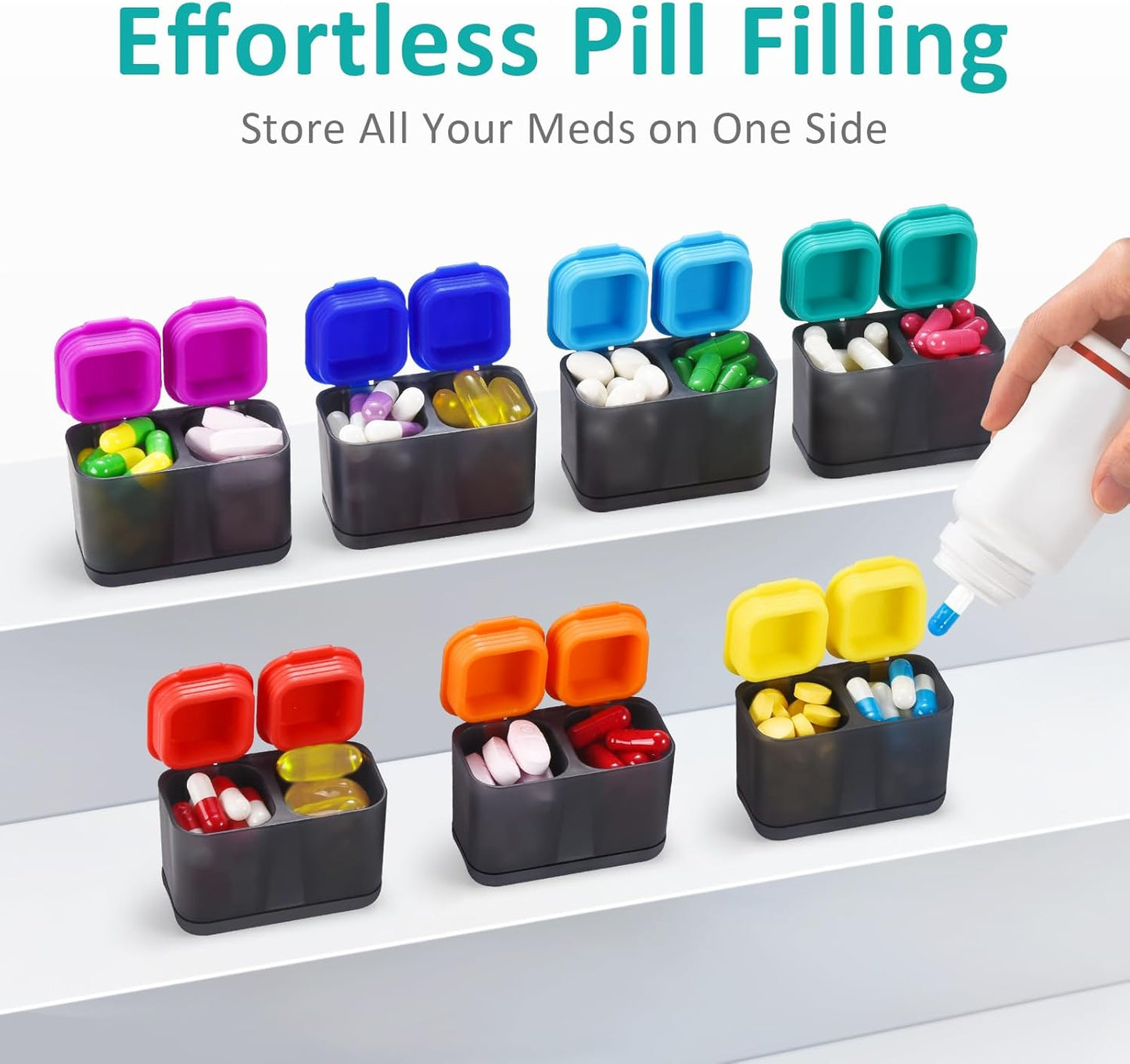 Fullicon Moisture-Proof Pill Organizer 2 Times a Day, Weekly Pill Boxes & Organiser with Silicone Lids, Large Capacity AM PM Pill Organizer 7 Day, Travel Pill Case for Vitamins (Black Rainbow)