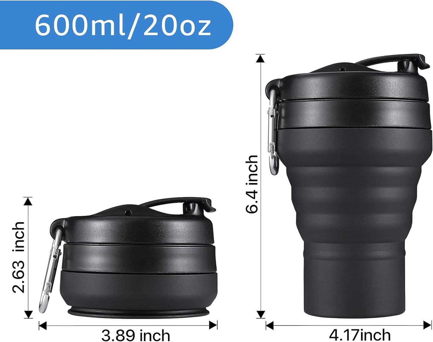 Collapsible Cup for Traveling, 20 OZ 600ml Large Silicone Folding Camping Mug, Leak Proof BPA Free Portable Reusable Bottle for Coffee, Tea, Water, Camping, Hiking, Outdoor (Black)