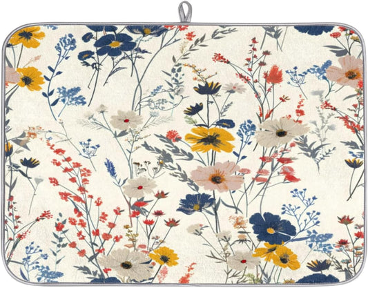 Hexteria Flower Dish Drying Mat for Kitchen Counter, Accessories Dish Rack Mat Drainer Pad Washable Microfiber Drying Mat, Vintage Plants Herbs Floral