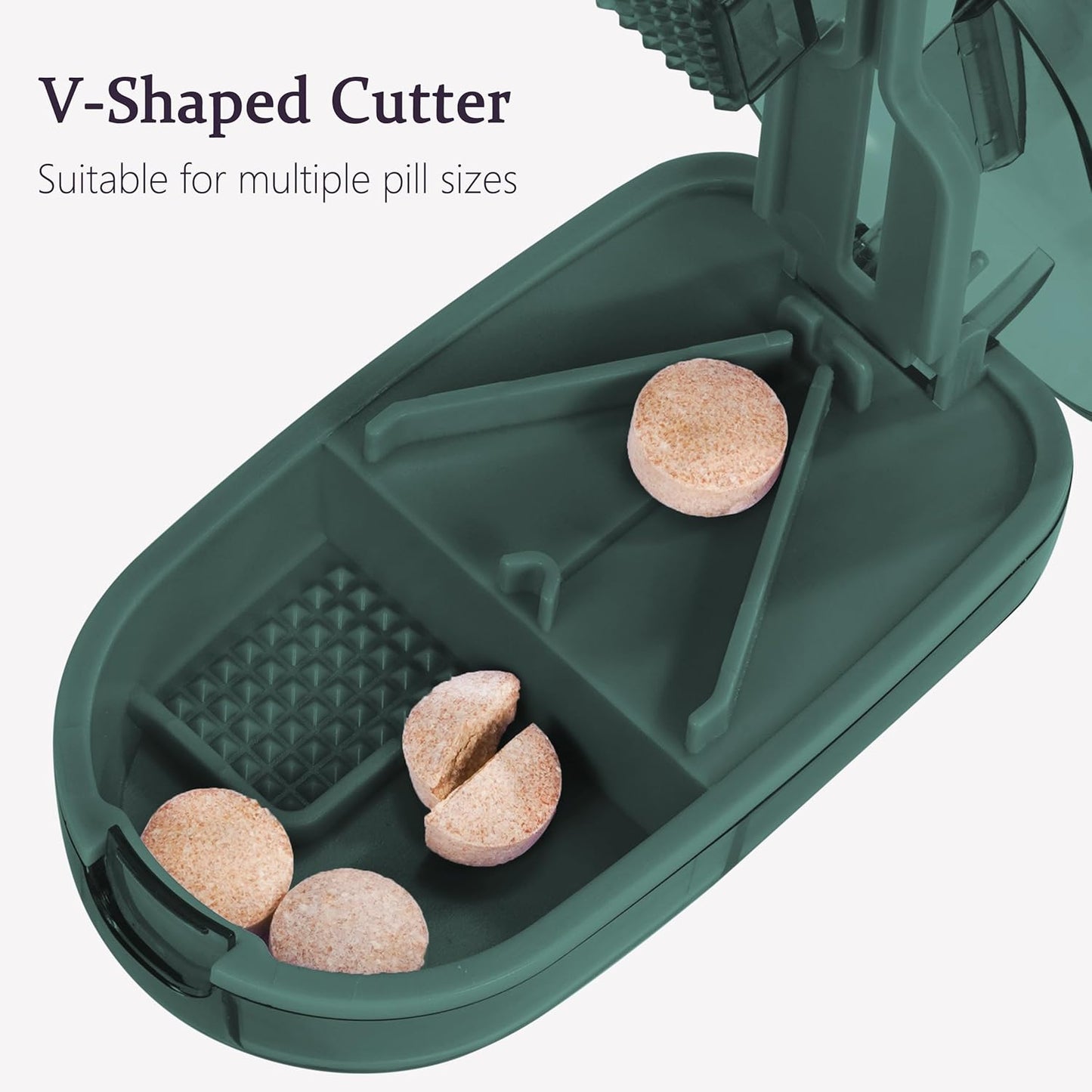 Pill Cutter Splitter for Small and Tiny Pills, or Large Pills. V-Shaped Design for Multiple Sizes. Safety Blade Guard. Loss-Proof Built-in Small Brush & Sliding Door Pill Storage (Green)