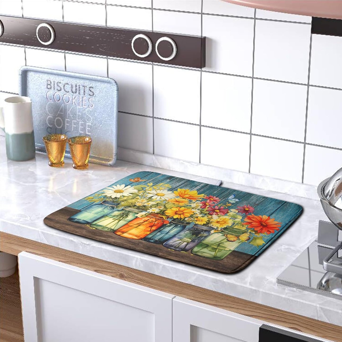 Daisy Dish Drying Mat for Kitchen Counter 16x18 Inch Rustic Vintage Flower Vases Drying Mats Microfiber Absorbent Dishes Drainer Mats Farmhouse Floral Wooden Board Dish Rack Pad