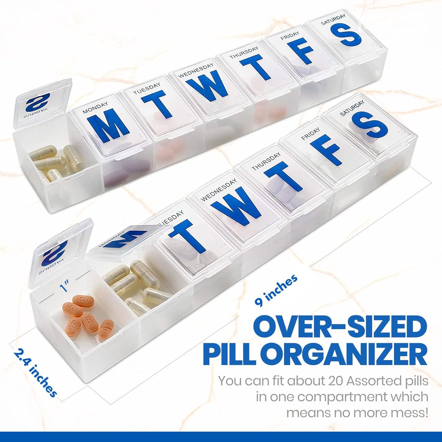 Weekly Pill Organizer - (Pack of 2) Extra Large Vitamin Container with Jumbo Easy to Read Letters, BPA Free - Daily Travel 7 Day Medication Pill Box Case