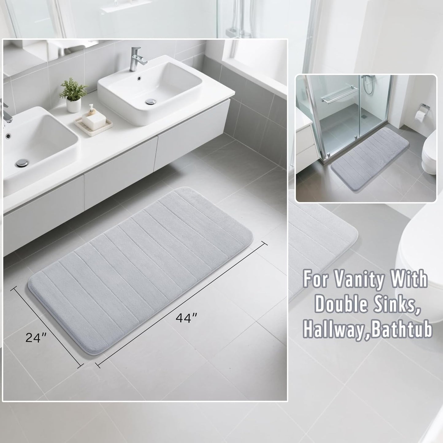 Yimobra Long Bath Mat 44"x24", Super Soft Quick Dry Memory Foam Bathroom Rug, Water Absorbent, Non Slip Backing Machine Washable for Tub Shower, Thick Comfort Support, Silver
