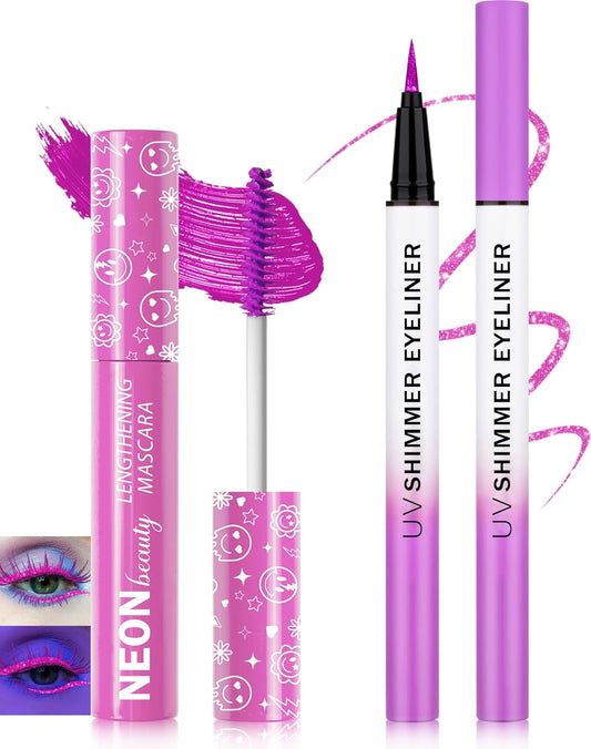 UV Neon Purple Mascara & Eyeliner Set, Waterproof Volumizing Colored Mascara Volume and Length for Lashes Lengthening, Long Lasting Glitter Liquid Eyeliner Pencil, Halloween Glow in the Dark Makeup-01