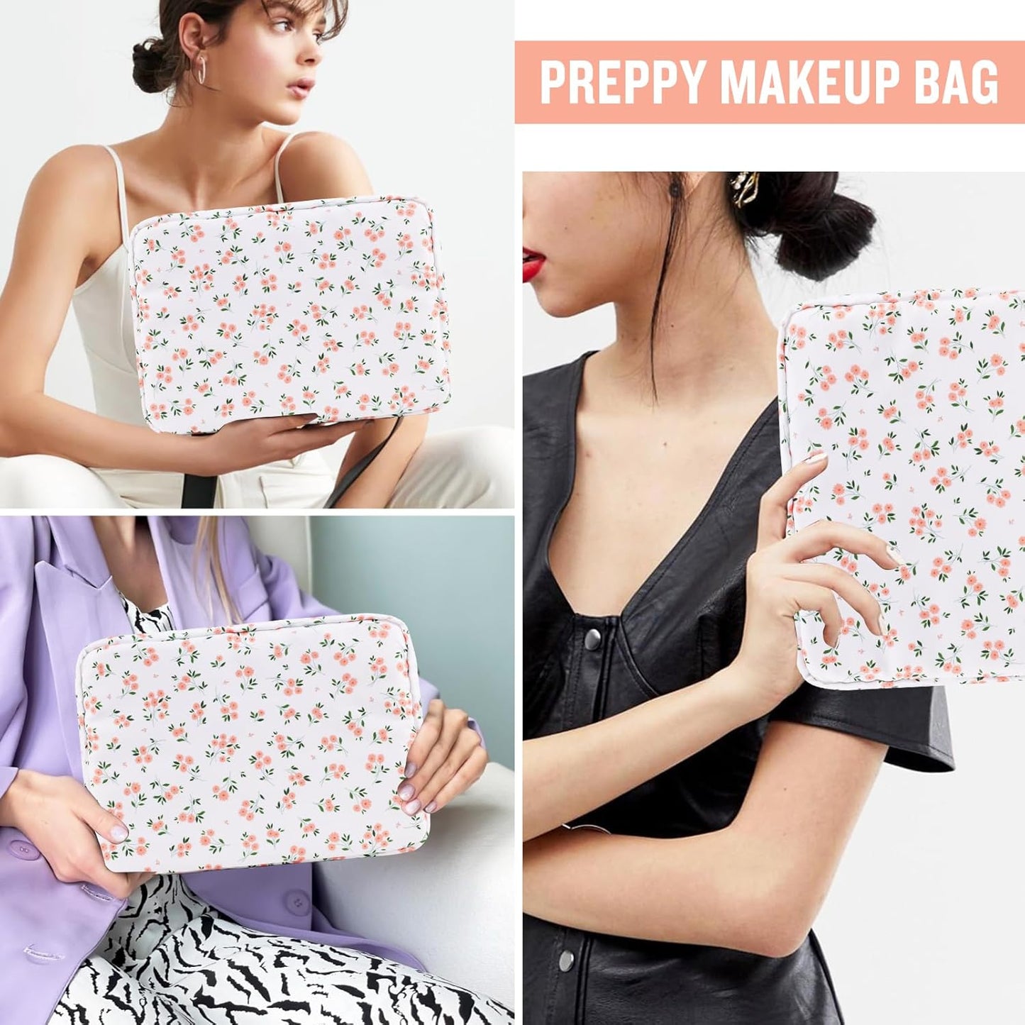 Nylon Large Floral Makeup Organizer Bag, Preppy Big Cute Flower Cosmetic Zipper Pouch Multi-compartment with Dividers, Waterproof Toiletry Makeup Brushes Bag Travel Essentials for Women(White-Floral)