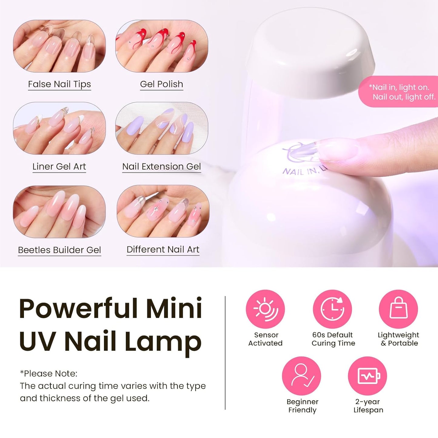 Beetles Tipex Instant Apex Nail Tips Kit, Medium Oval Almond 224Pcs 16 Sizes Pre-Building & Pre-Etched Thicker Acrylic Nails False Nail Extension with Tipex Nail Glue Mini Nail Lamp