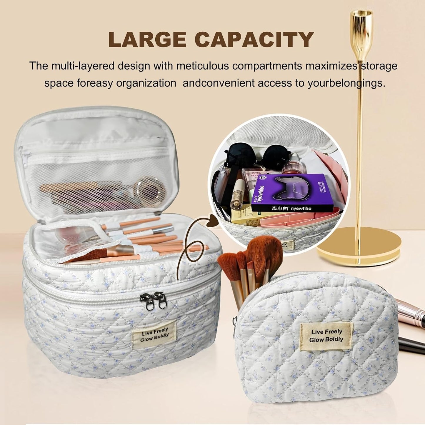 3Pcs Large Travel Quilted Makeup Bag, Double Layer Cute Floral Cotton Toiletry Bag, Aesthetic Flower Cosmetic Bag Coquette Skincare Organizer Bag for Women (77-BlueFloral)