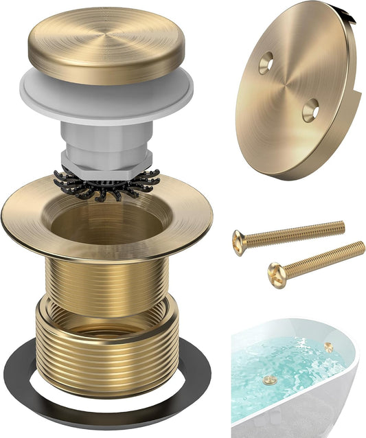 Brushed Gold Tub Drain Kit with Hair Catcher, Premium Brass Tip-Toe Bathroom Tub Drain Replacement and 2-Hole Overflow Faceplate, 11.5/16 UNC Bathtub Drain Stopper Assembly