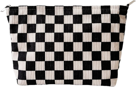 Checkered Corduroy Makeup Bag for Women, Black and White Gingham Cosmetic Bag with Zipper, Corduroy Travel Toiletry Bag, Sunscreen Sunblock Spf Bag, Hygiene Medicine Pouch,Organizer for Purse