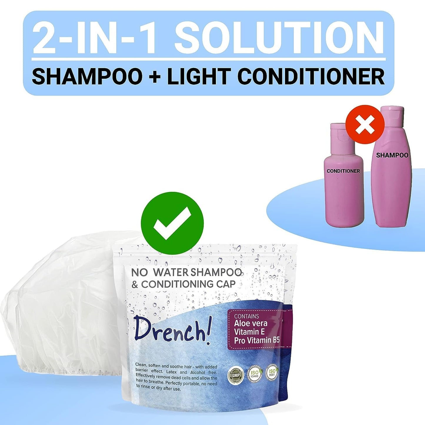 Drench No Water Hair Washing Cap - Waterless Shower Caps with Shampoo and Conditioner - Disposable Rinse Free Wash Aids - Ideal for Elderly and Disabled - Pack of 24