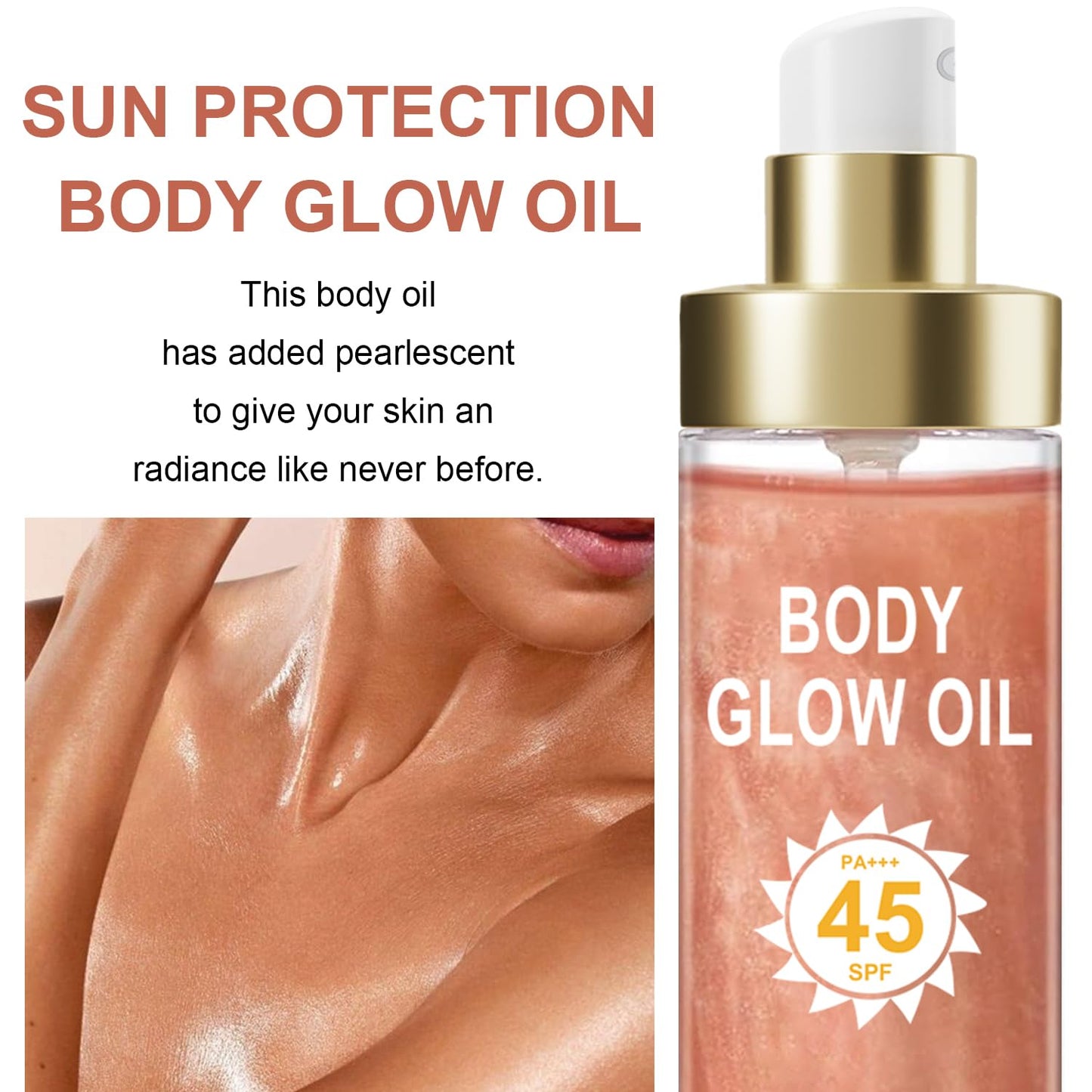 Body Glow Oil, Sunscreen Shimmer Oil, SPF 45 Broad Spectrum, Body Oil with with Coconut Oils, Moisturizing Glow for Face & Body, Liquid Illuminator Highlighter, Water Resistant, 3.72 fl oz (#02 ROSE)