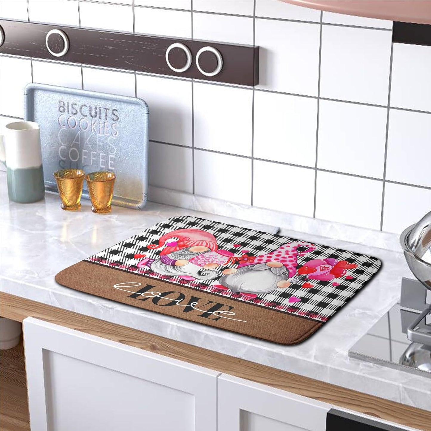 Valentine's Day Dish Drying Mats for Kitchen Counter, Gnome Love Kitchen Drying Mat, Buffalo Plaid Dish Drainer Mat Absorbent Quick Dry Dishes Pad 18 x 24 In - Farmhouse Decor Valentines Gift