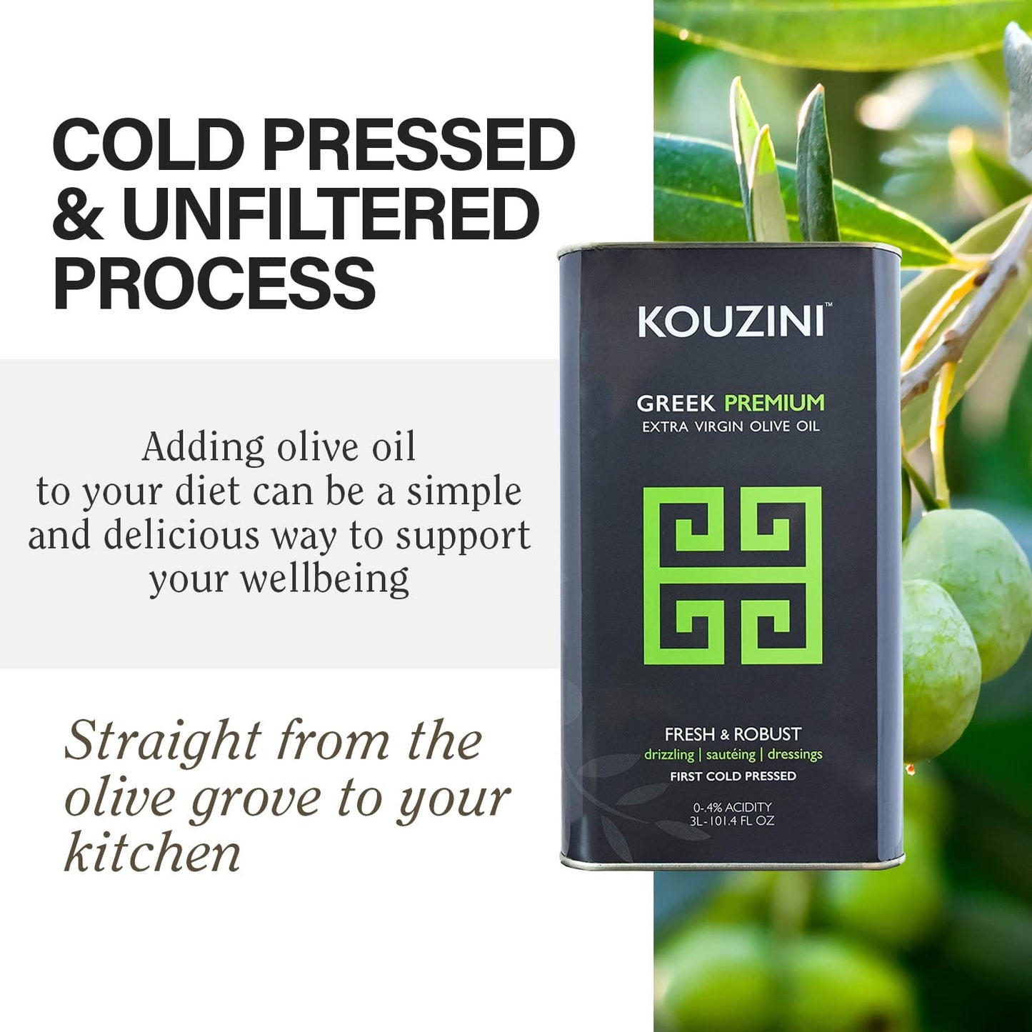 Kouzini Greek Premium Extra Virgin Olive Oil, 3 Liter Tin, Cold Pressed, Single Origin, Rich Flavor & Aroma