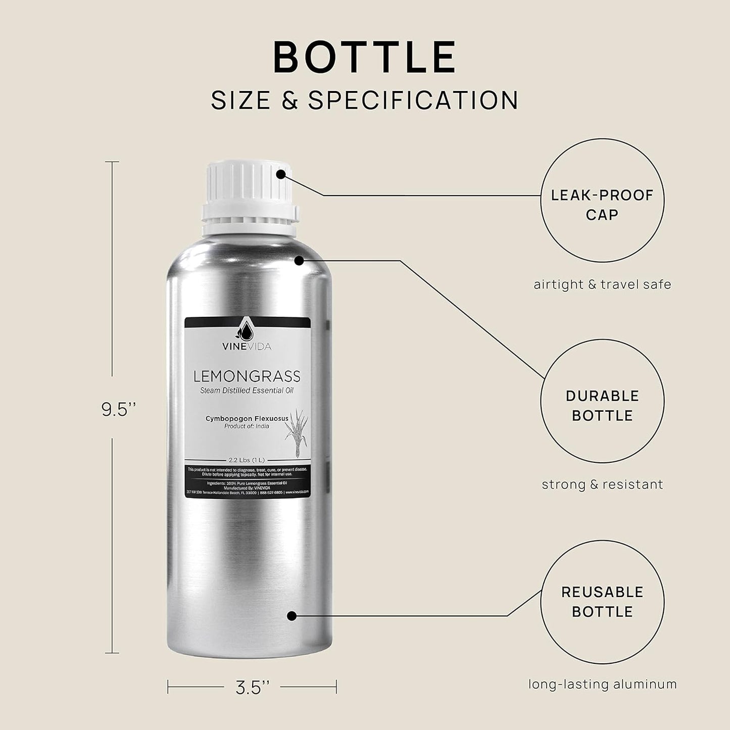 VINEVIDA Lemongrass Essential Oil - 32 oz - Undiluted - DIY Candle Scents - Bulk for Soap Making & Skin Safe