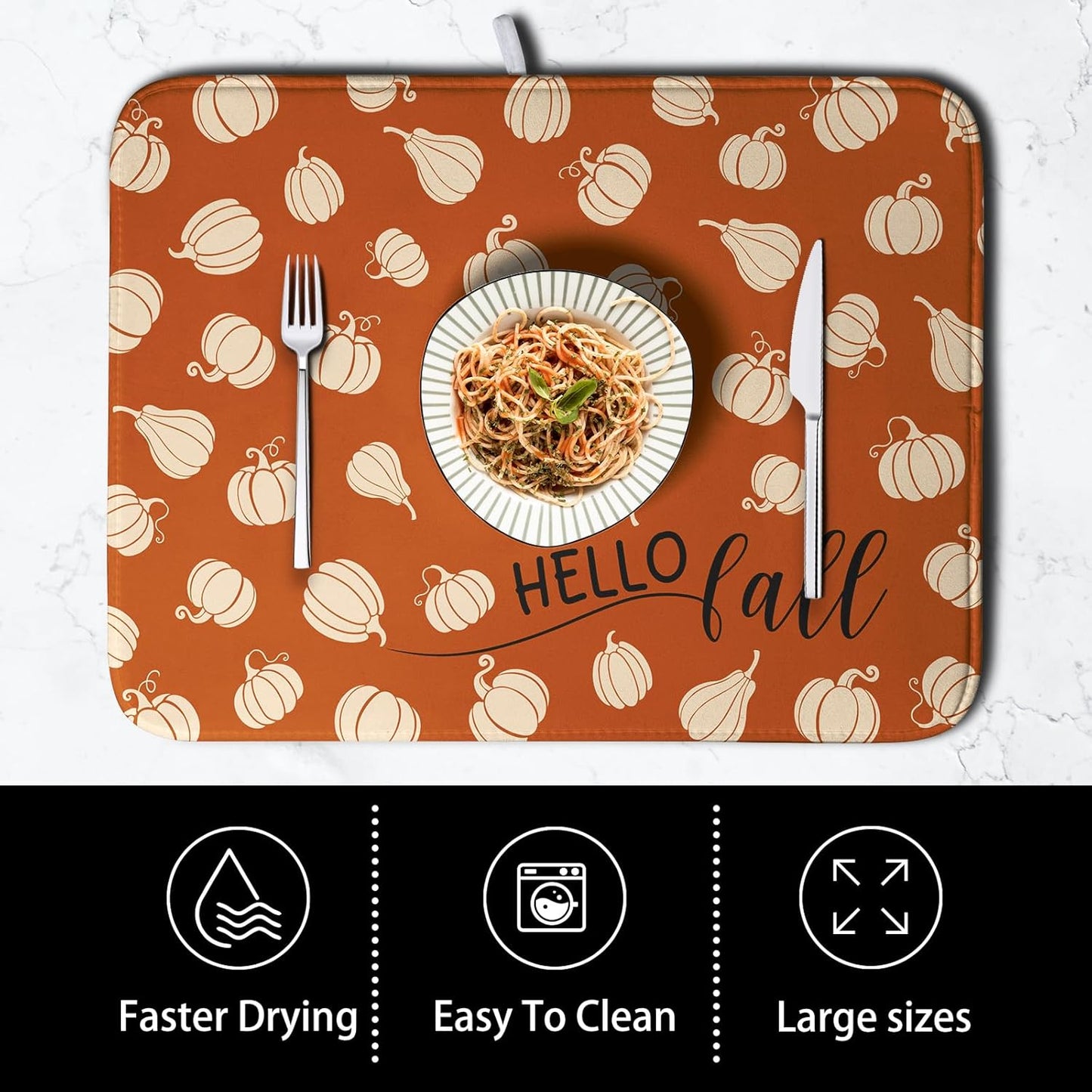 Hello Fall Drying Mat for Kitchen Counter Autumn Orange Pumpkin Dry Dish Mat Thanksgiving Absorbent Microfiber Dish Draining Washable Dish Drainer Rack Mat Large 18x24 Inch