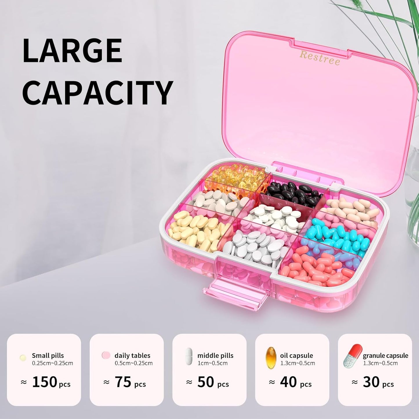 Restree Large Pill Organizer, Moisture Proof & Waterproof Travel Pill Case, Portable Medication Box with Adjustable Dividers for Vitamins Supplements Fish Oil and Daily Pills 9 Compartments (Pink)