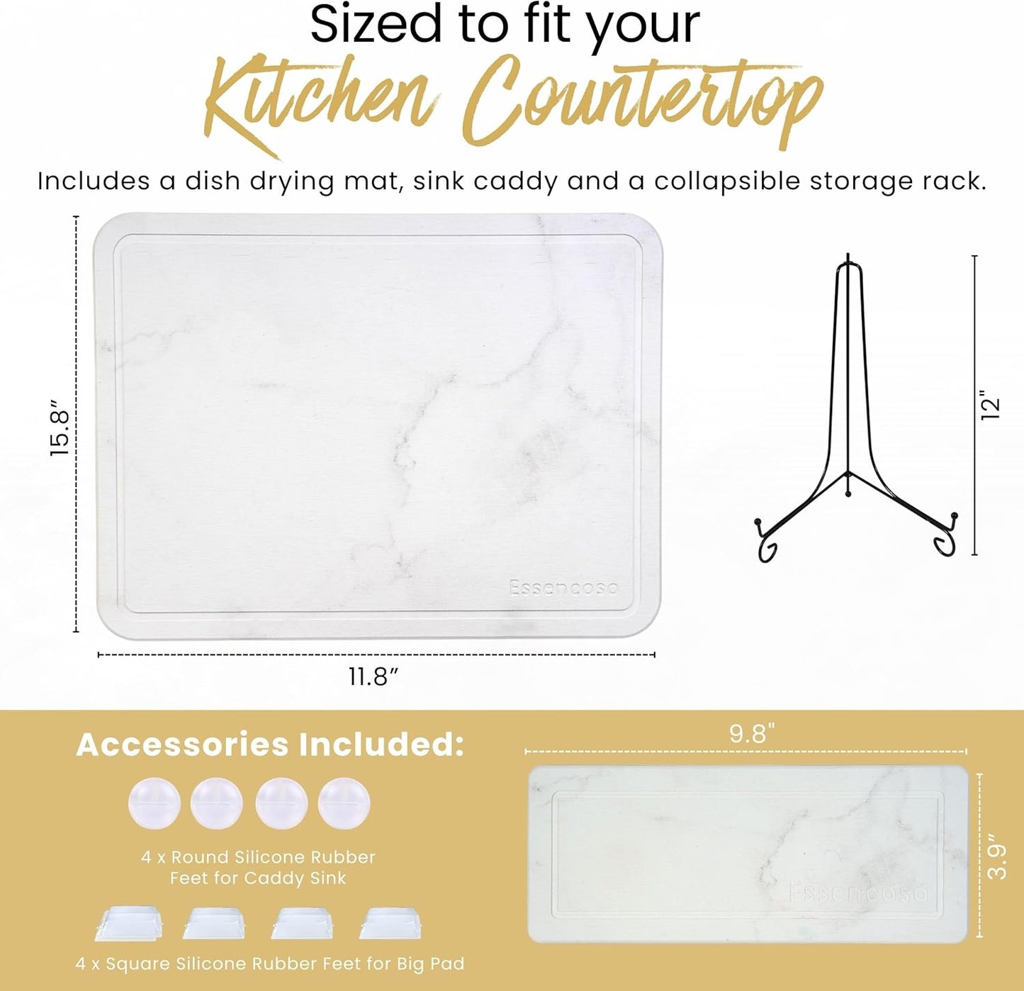 Stone Drying Mat For Kitchen Counter - 11.8" x 15.7" Water Absorbing Stone tray For Sink, Metal Rack and Kitchen Sink Caddy | Diatomaceous Earth Food Grade | Drying Stone For Kitchen counter