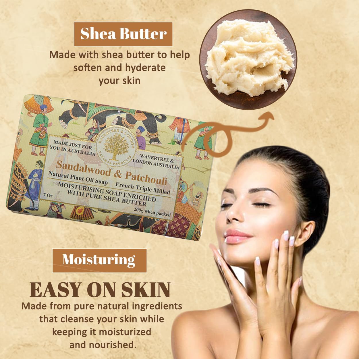 Wavertree & London Sandalwood Patchouli Scented Natural Soap Bar, 7oz Moisturizing French Triple Milled Soap Bar for Women & Men enriched with shea butter - For All Skin Types