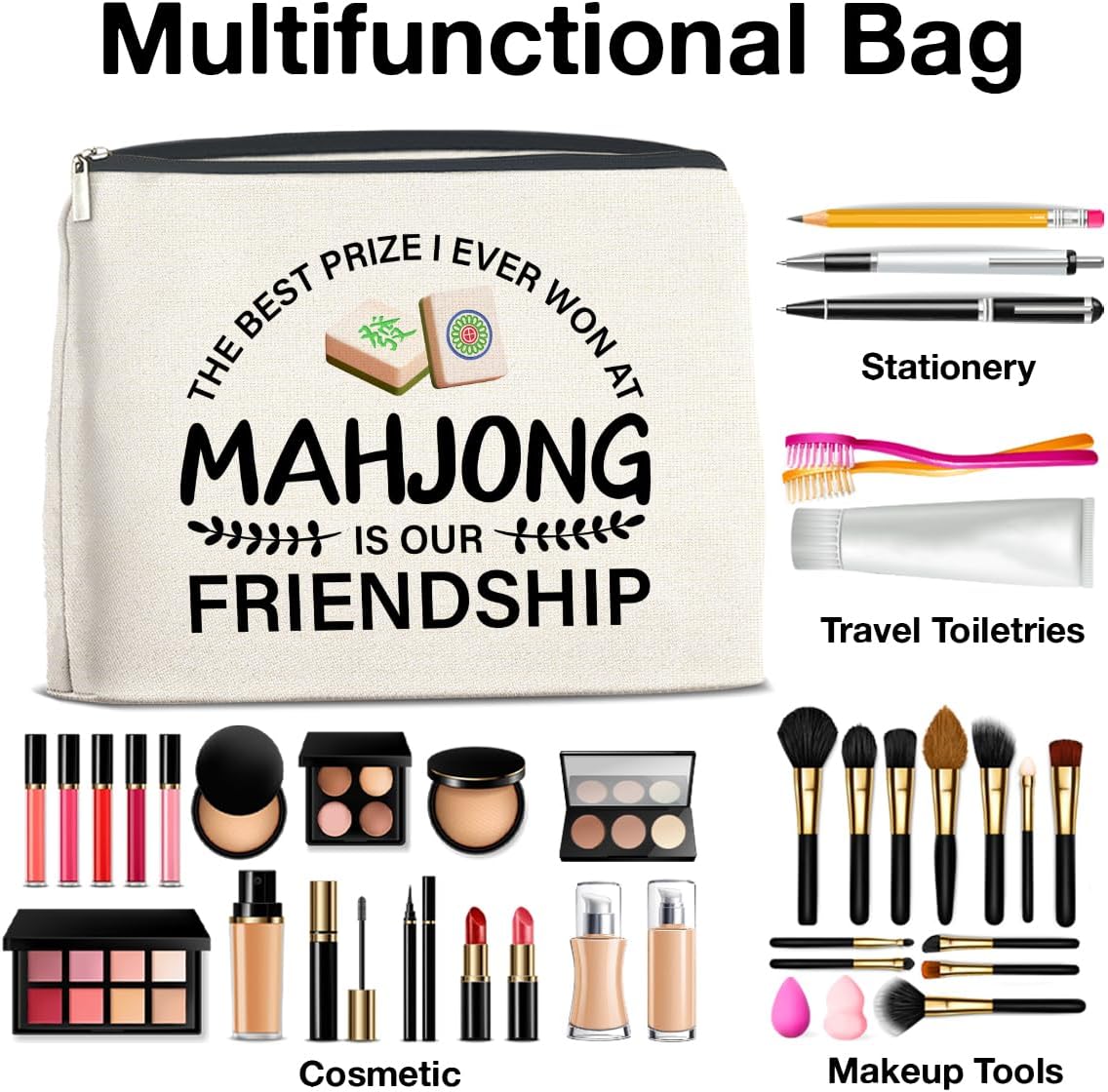 Funny Mahjong Makeup Bag Gifts for Women Mahjong Players Cosmetic Bag Zipper Pouch