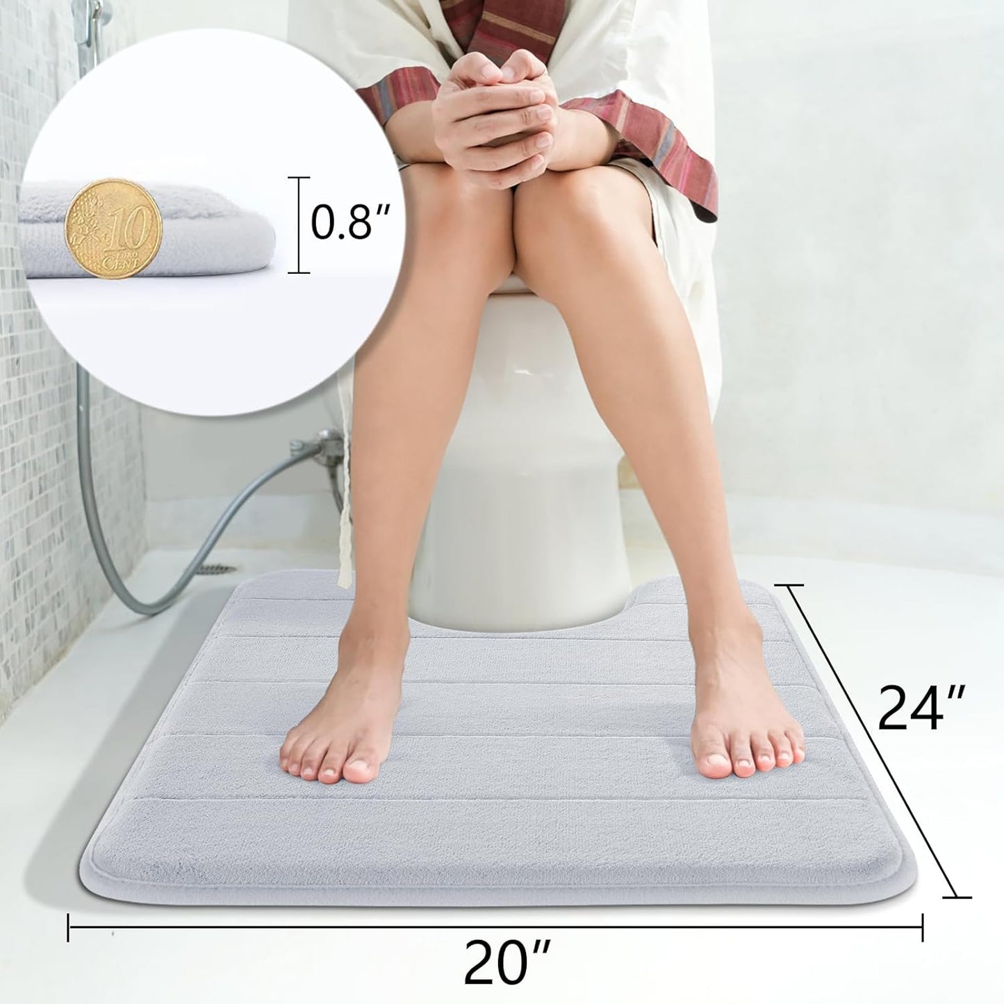 Yimobra Memory Foam Toilet Bath Mat U-Shaped, Commode Contour Rug, Soft and Comfortable, Super Water Absorbent, Non-Slip, Thick, Machine Wash Bathroom Commode Contour Rug, 24 X 20 Inches, Silver