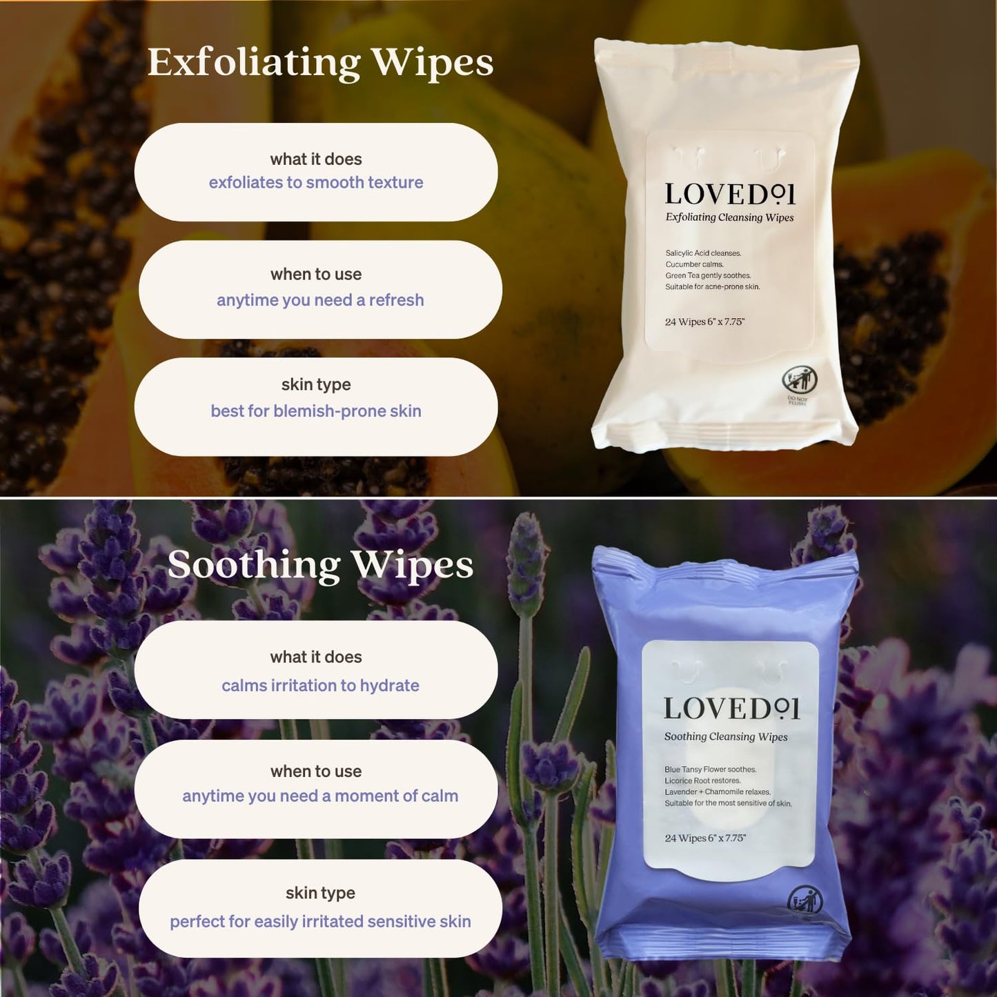 Soothing Cleansing Wipes, Cleansing Makeup Remover Wipes for Sensitive Skin with Serum-Like Finish, Lavender Scent, 3-Pack (24 Wipes each)