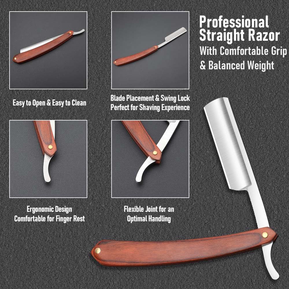 Premium Stainless Steel Shaver Razor with Shaving Strop for Men，Professional Straight Edge Barber Razor,Straight razors for men, Home & Salon Grooming Using (NO.191)