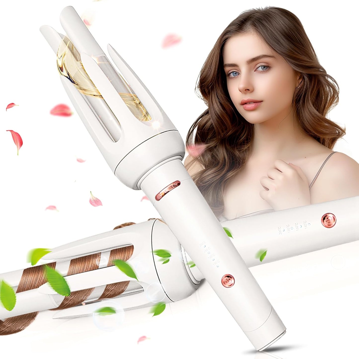 Auto Hair Curler, Automatic Curling Iron with 4 Temperature & 3 Timer, Automatic Shut-Off, Anti-Scald, Anti-Tangle Rotating Curling Wand for Hair Styling, White