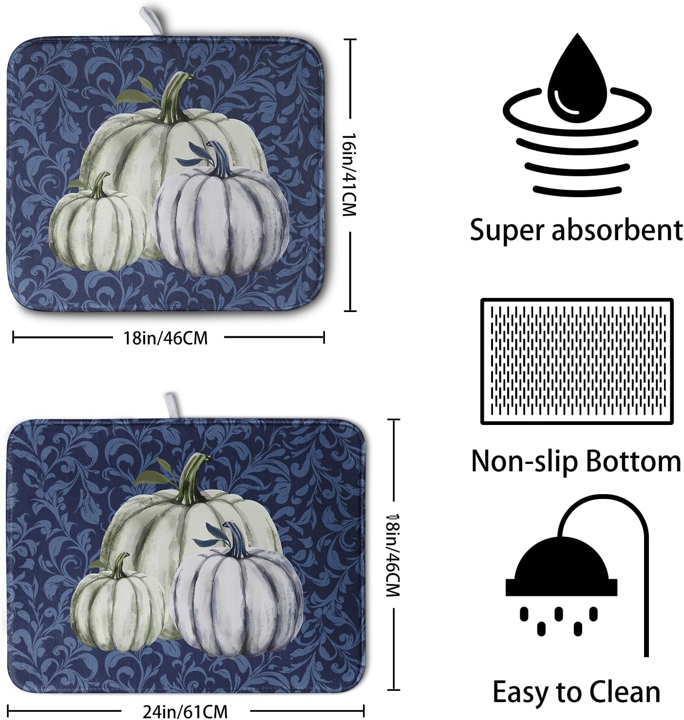 Autumn Dish Drying Mat Fall Navy Blue White Pumpkin Dish Pad for Kitchen Counter 16x18 Microfiber Absorbent Thanksgiving Dish Draining Mat Reusable Washable Dish Drainer Rack Mat