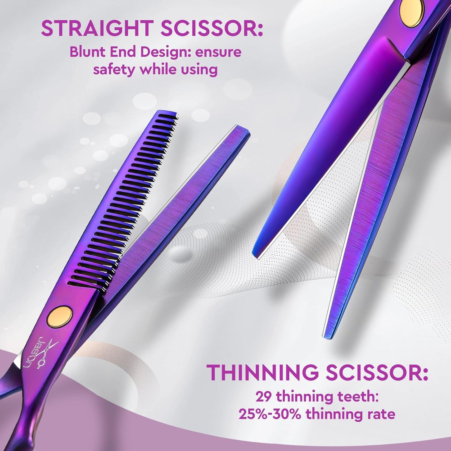 JASON Hair Scissors Professional - 10 PCS Haircut Scissors Set, Thinning Shears for Hair Cutting with 30 Teeth, Straight Shears for Men Women Home Salon Barber (6.7", Purple)