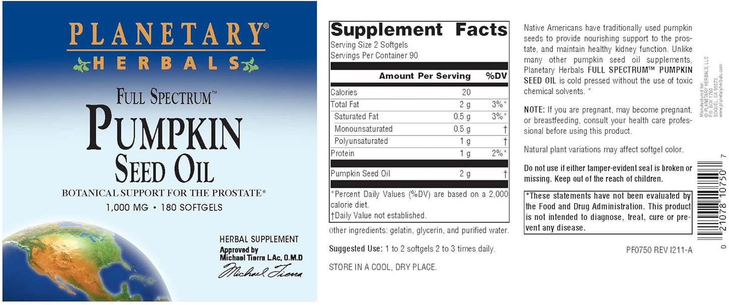 PLANETARY HERBALS Full Spectrum Pumpkin Seed Oil, Botanical Support for The Prostate*, 1,000 mg - 180 Count