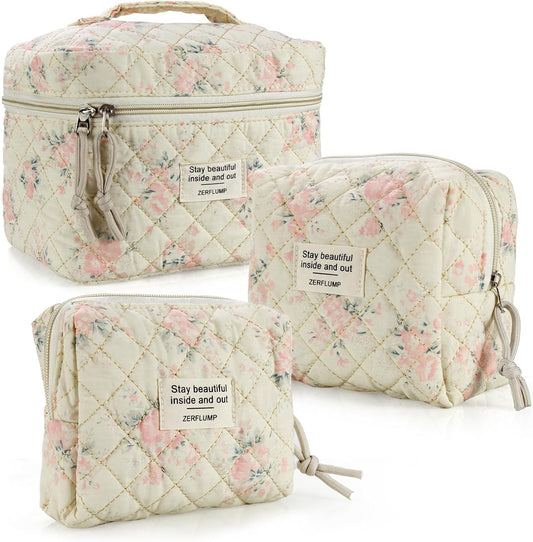 Cute Quilted Floral Makeup Bag(3Pcs)，Coquette Aesthetic Cosmetic Bag，Travel Toiletry Bags， Kawaii Aesthetic pouch for Women (3 - Pink Flower)
