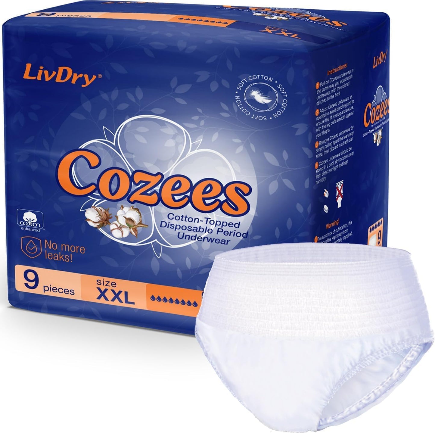 Cozees Disposable Period Underwear for Women, Menstrual and Postpartum High Absorbency, Cotton Covered Comfort, Made in USA (9 Count, XX-Large)