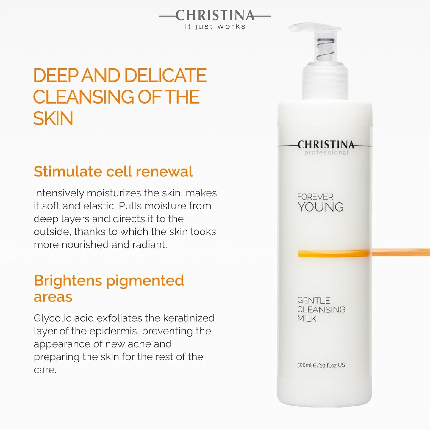 Christina Forever Young Gentle Cleansing Milk with Retinol for Face | Nourishing Formula with Glycolic Acid, Vitamin A, Vitamin E for Aging & Dry Skin | Suitable for ages 30-45+ | 24-Hour Care 300ml
