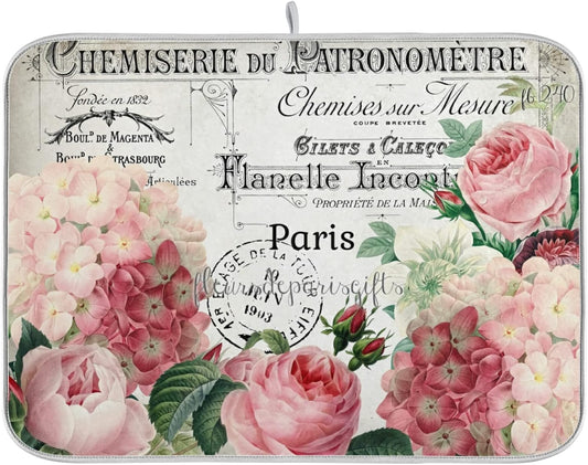 Vintage Pink Rose Flower Dish Drying Mats for Kitchen Drying Mat 16 x 18 Inch Absorbent Microfiber Drying Dish Mat Machine Washable Dish Rack Pad Dish Drainer Mat