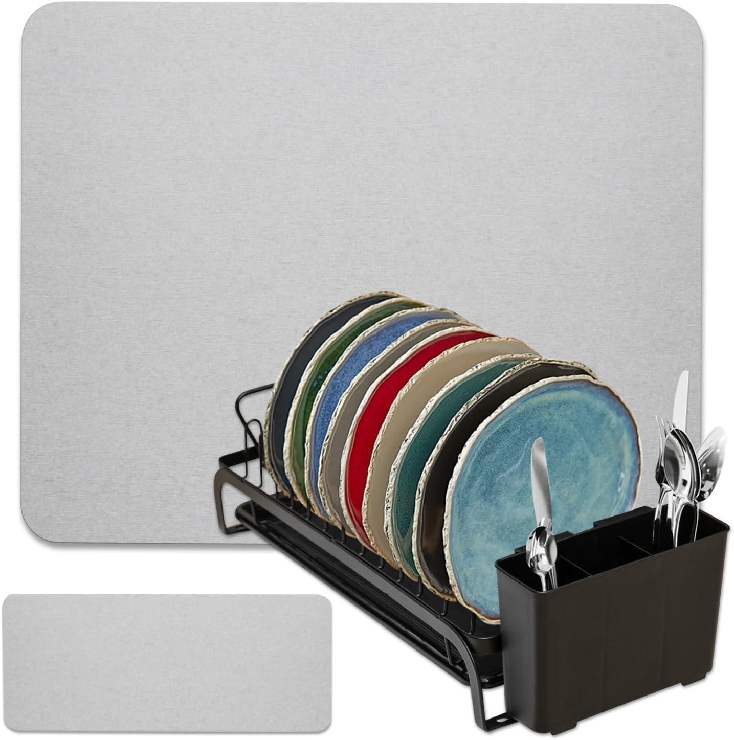 AquaTerra Diatomaceous Earth Drying Mat with Matching Sponge Caddy & Dish Rack | 3-Piece Set (Light Gray, Large) | Heat-Resistant & Multi-Purpose for Drying and Kitchen Organization