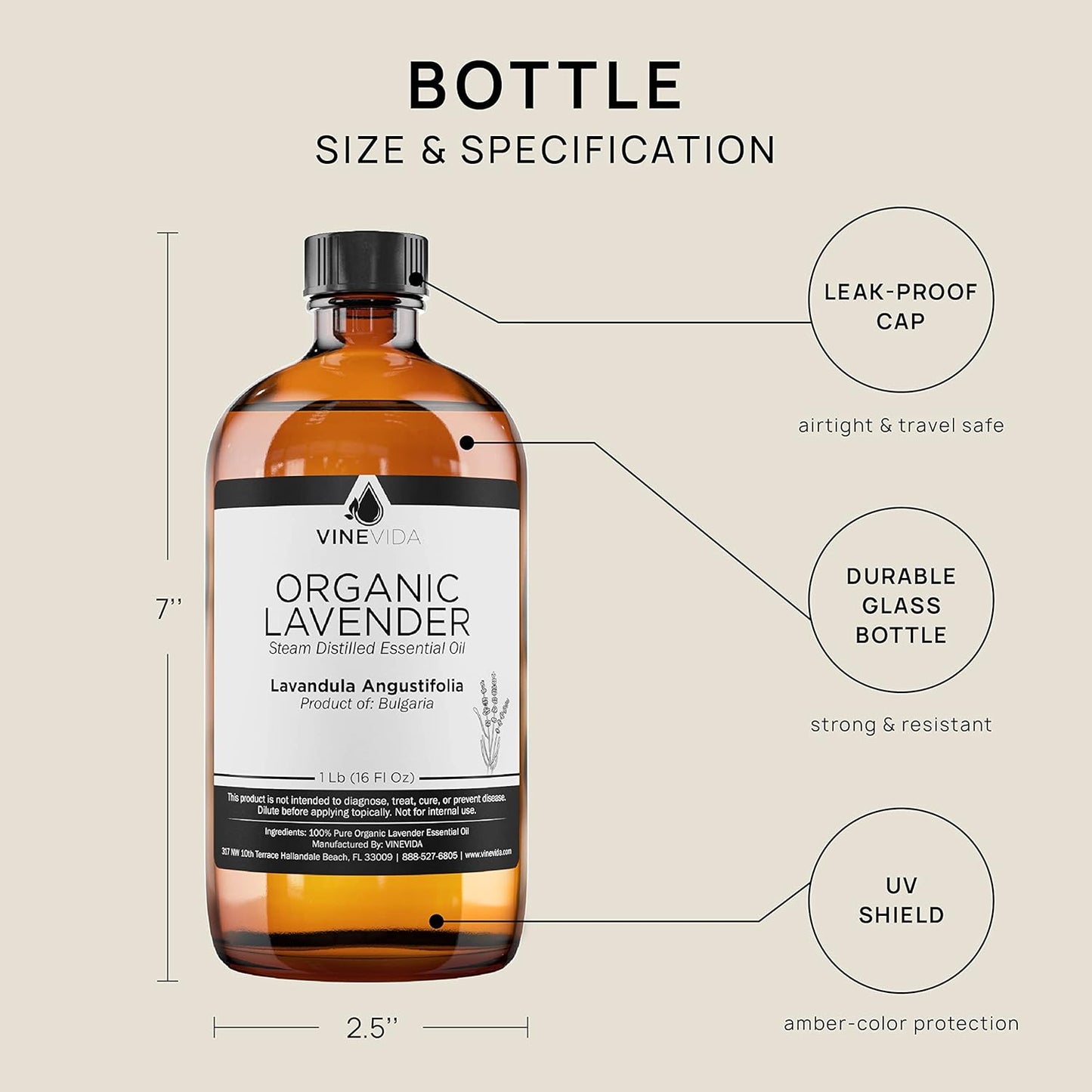 VINEVIDA Organic Lavender Essential Oil 16 oz - Undiluted Organic Lavender Oil 16 oz - Organic Lavender Candle Oil Scent - DIY Candle Scents for Candlemaking - Bulk Essential Oil for Soap Making