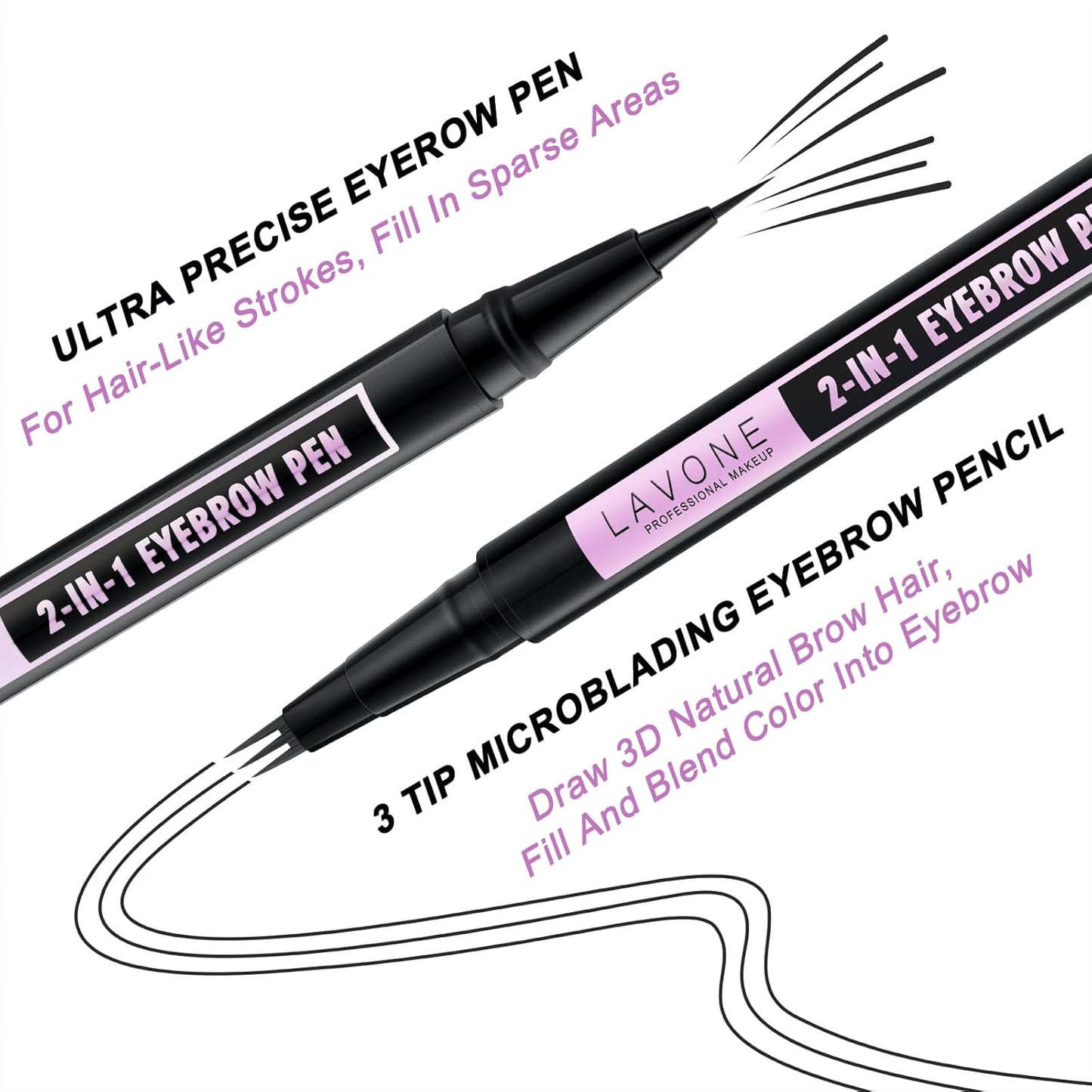 LAVONE Eyebrow Pencil, 2-In-1 Waterproof Eyebrow Pen, with 3 Tip Microblading Eyebrow Pen and Ultra-Precise Brow Pencil, Dual-ended Eyebrow Brush, for Eyebrow Makeup - Ash Black