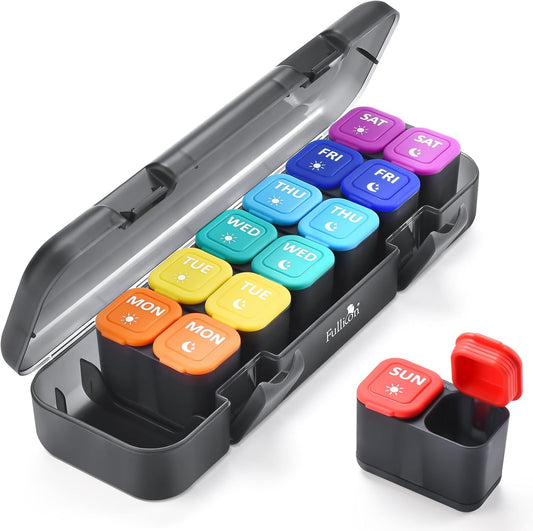 Fullicon Moisture-Proof Pill Organizer 2 Times a Day, Weekly Pill Boxes & Organiser with Silicone Lids, Large Capacity AM PM Pill Organizer 7 Day, Travel Pill Case for Vitamins (Black Rainbow)