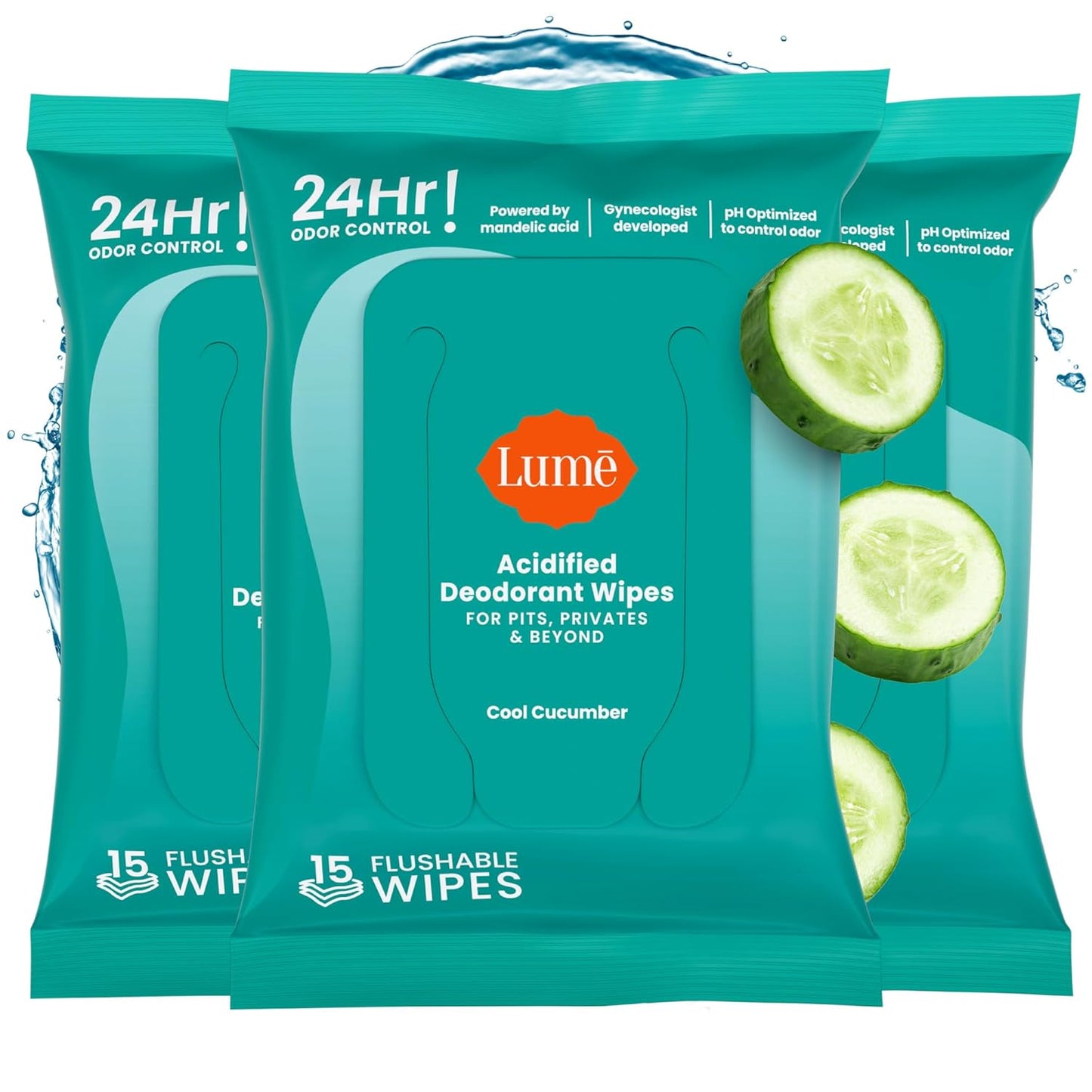 Lume Acidified Deodorant Wipes - 24 Hour Odor Control - Aluminum Free, Baking Soda Free, Skin Loving - Flushable - 15 Count (Pack of 3) (Cool Cucumber)