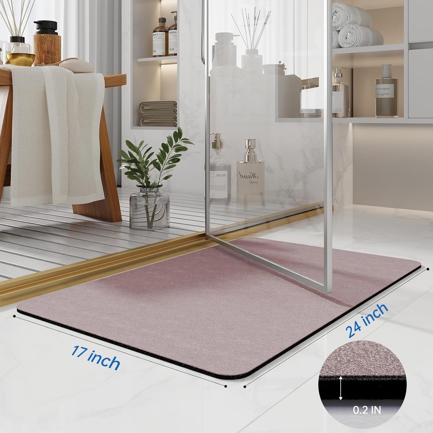 Bath Mat Rugs 24x17 - Diatomaceous Earth Bath Mats Quick Dry Absorbing Bathroom Rugs Rubber Non Slip Thin Bathroom Mat Fit Under Door, Bath Mat for Bathroom Floor, Tub and Shower, Sink, Blush Pink