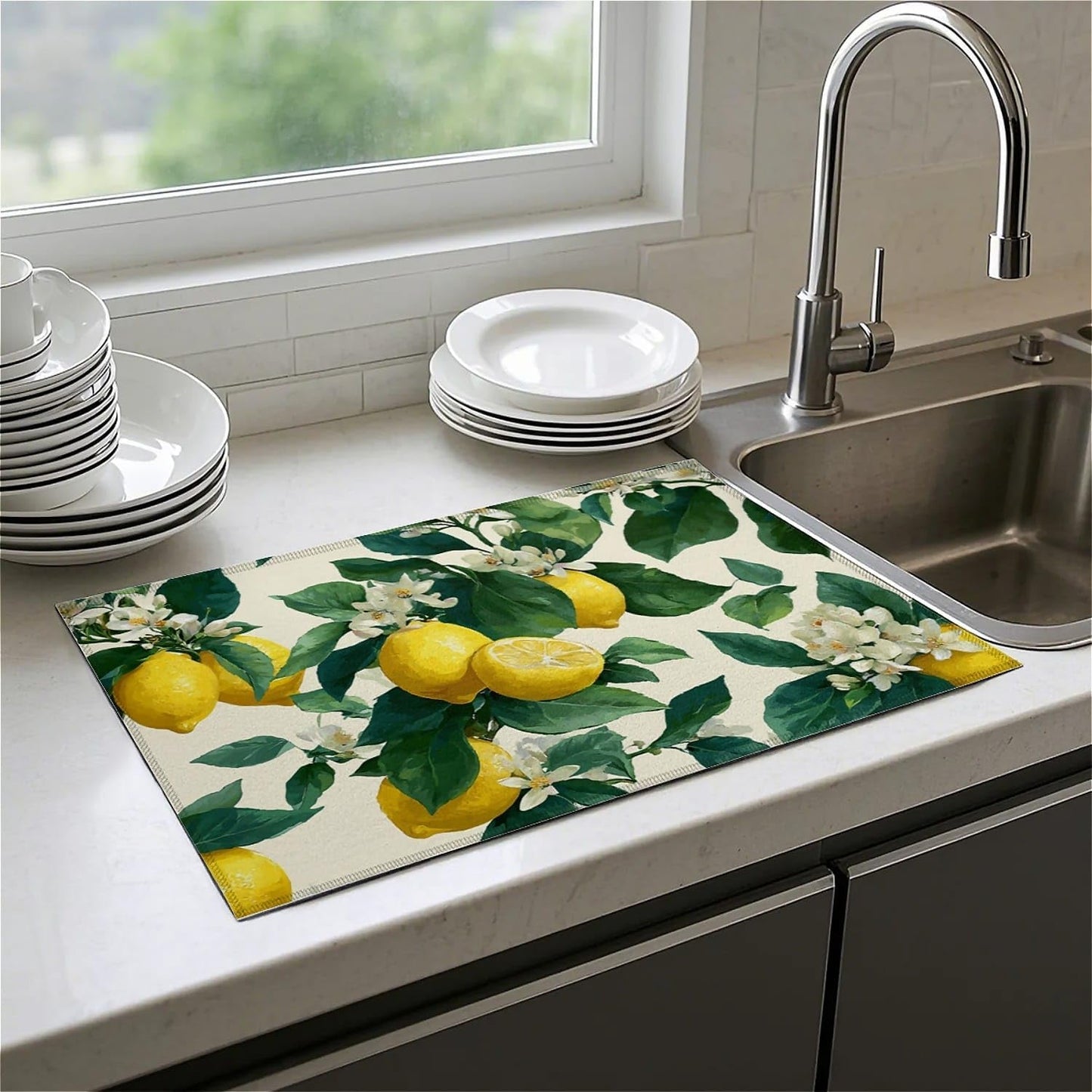 Dish Drying Mat For Kitchen Counter, Lemon Microfiber Absorbent Dish Drainer Rack Pad Reusable Large 18x24in Drying Mat