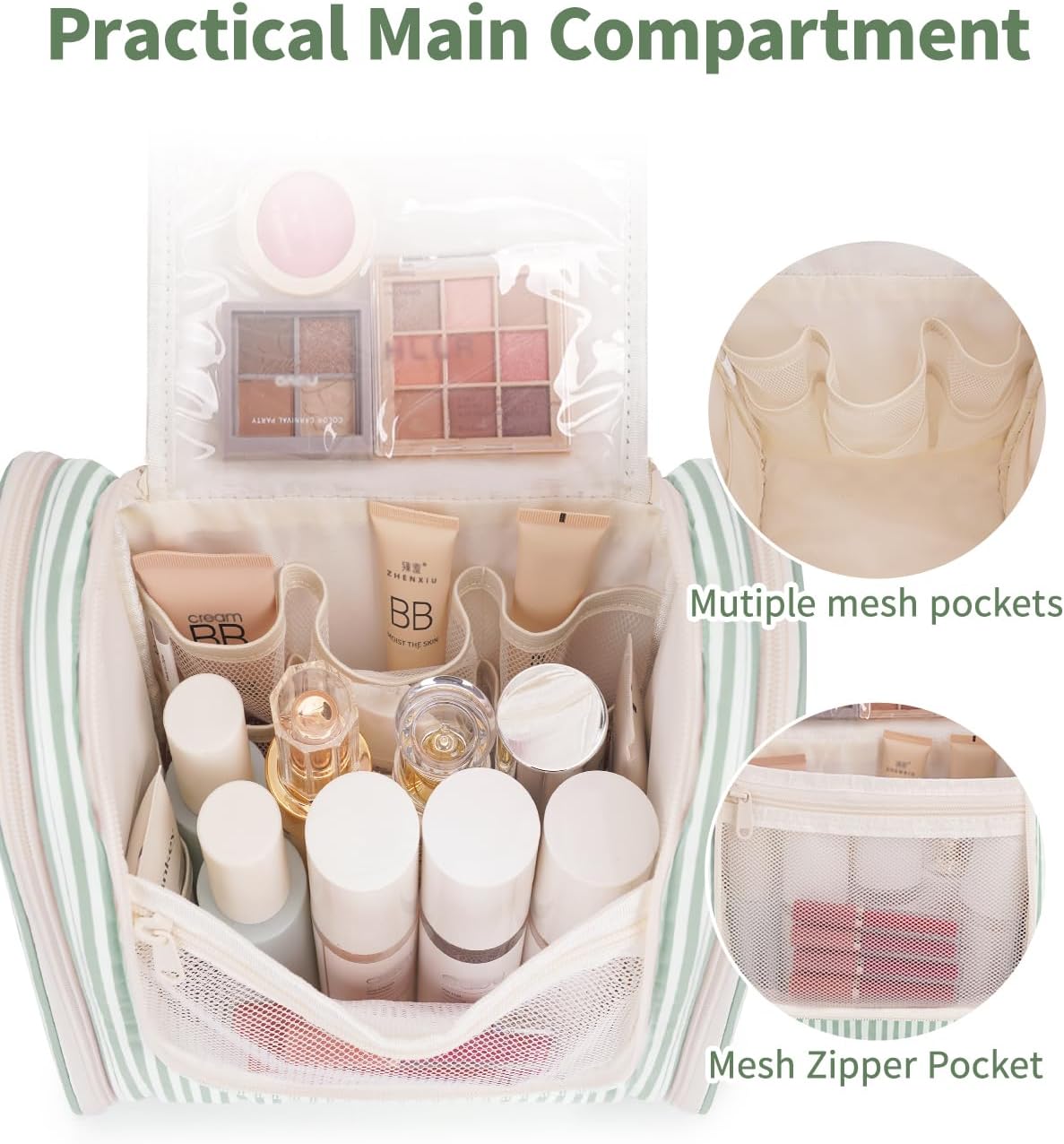 Narwey Striped Hanging Travel Toiletry Bag for Women, Travel Bag for Toiletries, Makeup Bag Organizer Cosmetic Bags Make Up Bags for Women (Mint Green Stripe)