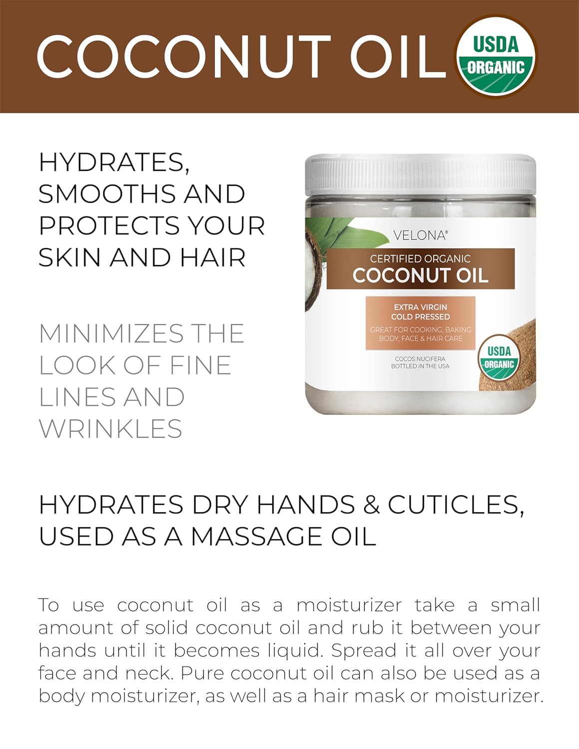 Velona USDA Certified Organic Coconut Oil Extra Virgin - 8 fl oz | Food and Cosmetic Grade | in jar | Extra Virgin, Cold Pressed