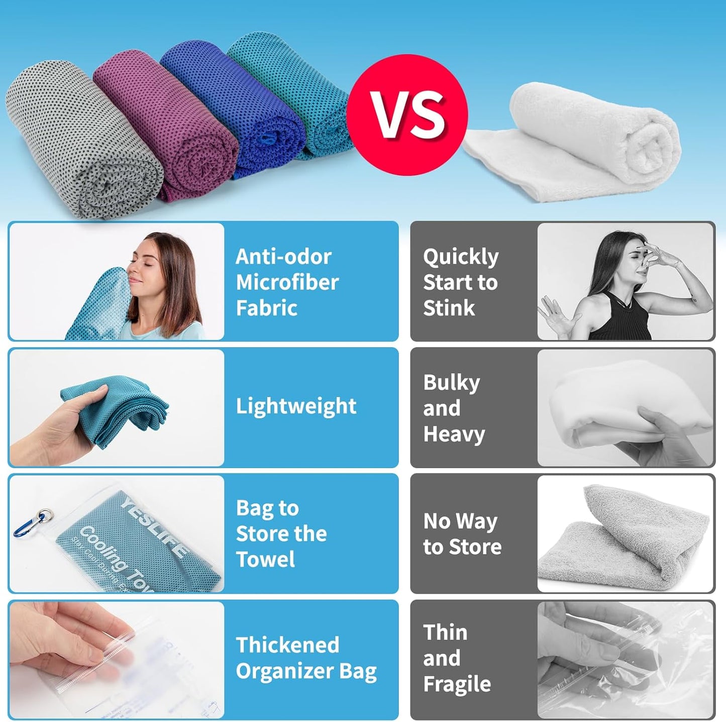 YESLIFE 4 Pack Cooling Towel 40"x12", Gym Towels for Men and Women, Soft Breathable Workout Towels for Yoga, Running, Sport, & More (Grey, Dark Blue, Purple, Blue)