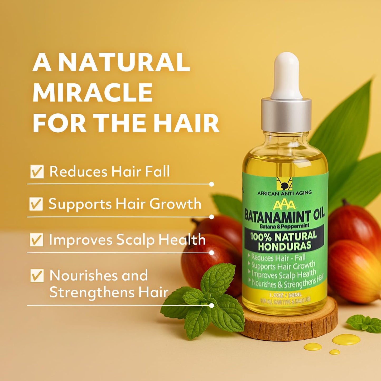 AAA (African Anti-Aging) 100% Natural Honduras Batana Oil – Supports Hair Growth, Repairs Damaged Hair, Moisturizes Dry Scalp & Skin – Made in USA 1.7 fl oz – For All Hair&Skin Types